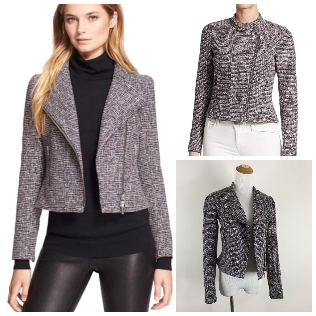 Theory Kinde Prospect Space Tweed Zip Sleeve & Pocket & Asym Zip Moto Jacket